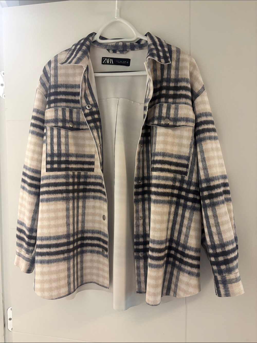 Zara Plaid Shacket in Cream and Blue